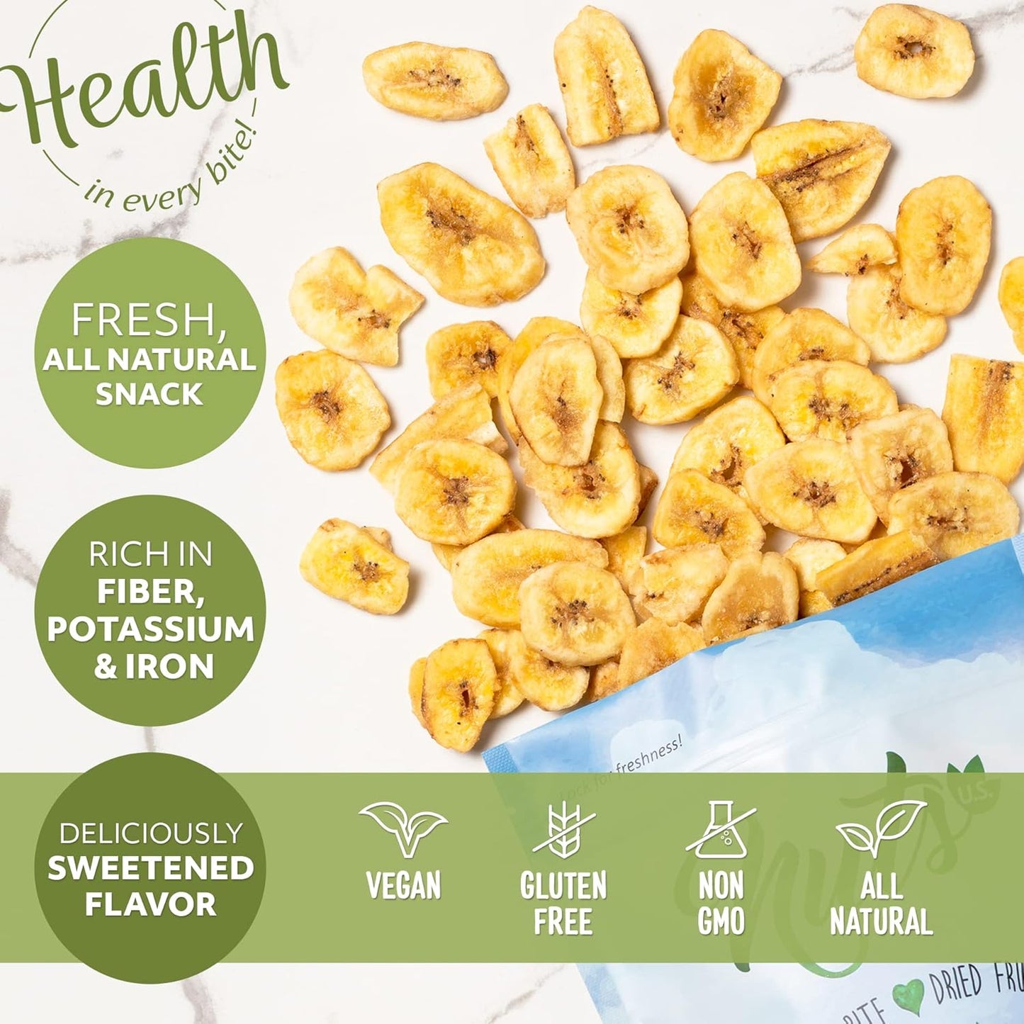 NUTS U.S. - Banana Chips | Dried and Sweetened | All Natural | Vegetarian | Non GMO and Gluten Free | Packed in a Resealable Bag (2 LBS) - Big Mart USA