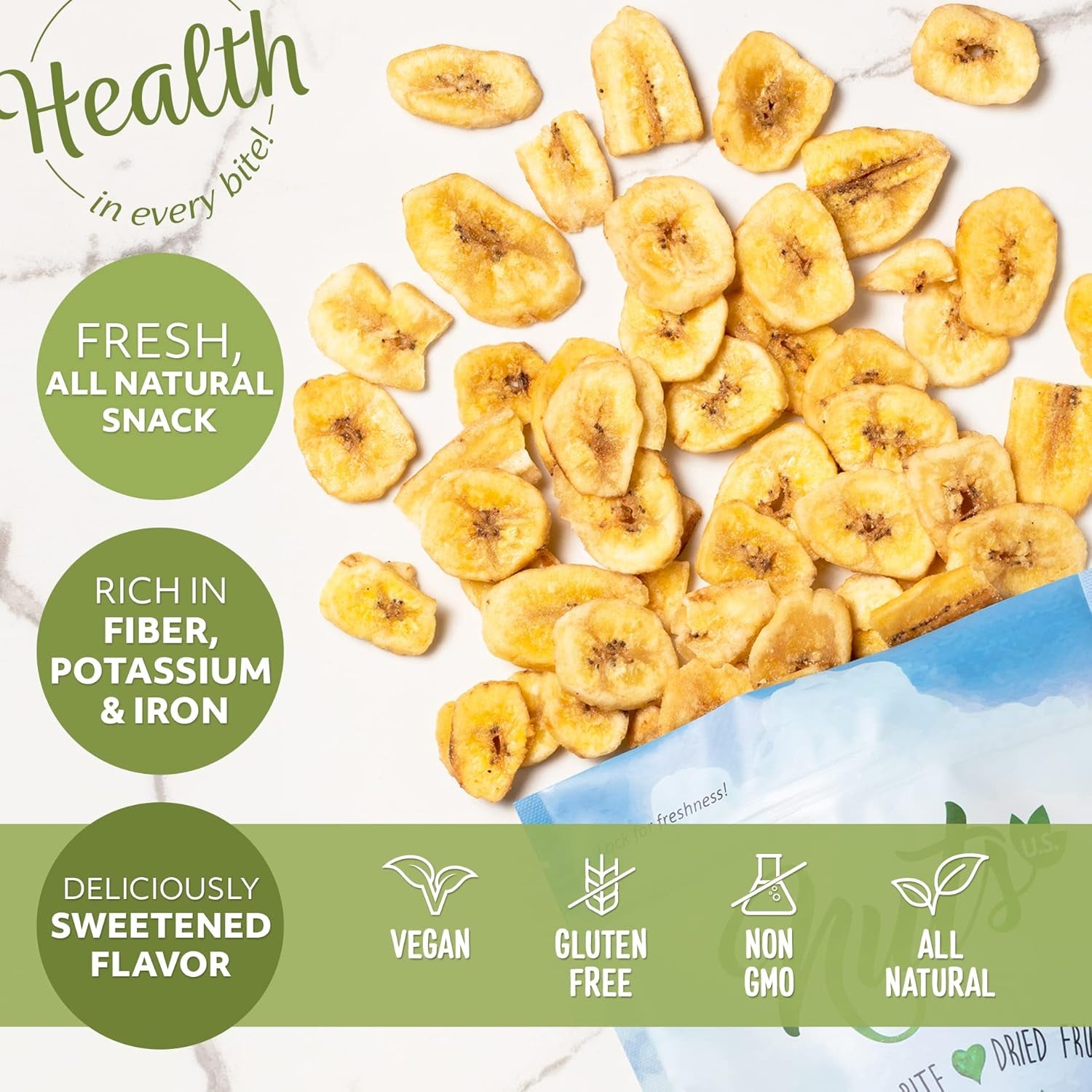 NUTS U.S. - Banana Chips | Dried and Sweetened | All Natural | Vegetarian | Non GMO and Gluten Free | Packed in a Resealable Bag (2 LBS) - Big Mart USA