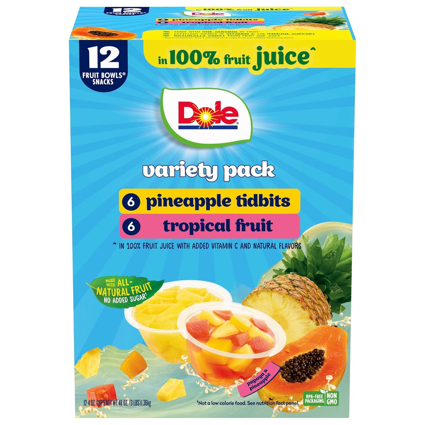 Dole Pineapple Tidbits with No Sugar Added - Dole Fruit Bowls Snacks - 4 Oz Fruit Bowls - 12 Pack - Big Mart USA