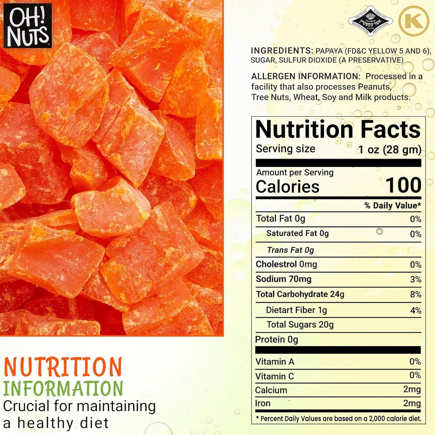 Oh! Nuts Dried Papaya Chunks - 2 Lb - Dried Fruit Chunks - Less Sugar Added - Dehydrated Fruit Bites - Packed in New York Zip-Seal Bag for Exceptional Freshness - Big Mart USA