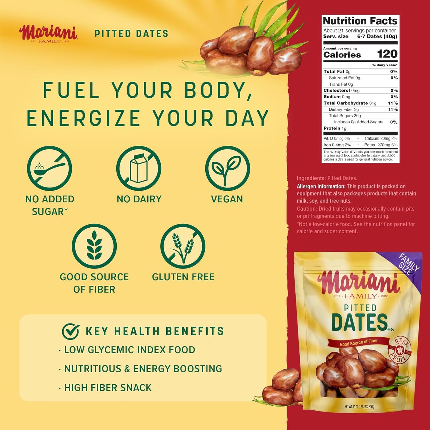 Mariani Dried Pitted Dates, 30Oz Bag - Dried Dates Pitted No Sugar Added, Gluten Free, No Dairy, Vegan, and Full of Fiber for Snacking, Cooking and Baking - Big Mart USA