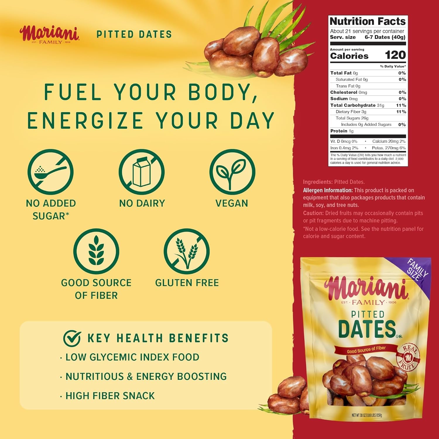 Mariani Dried Pitted Dates, 30Oz Bag - Dried Dates Pitted No Sugar Added, Gluten Free, No Dairy, Vegan, and Full of Fiber for Snacking, Cooking and Baking - Big Mart USA