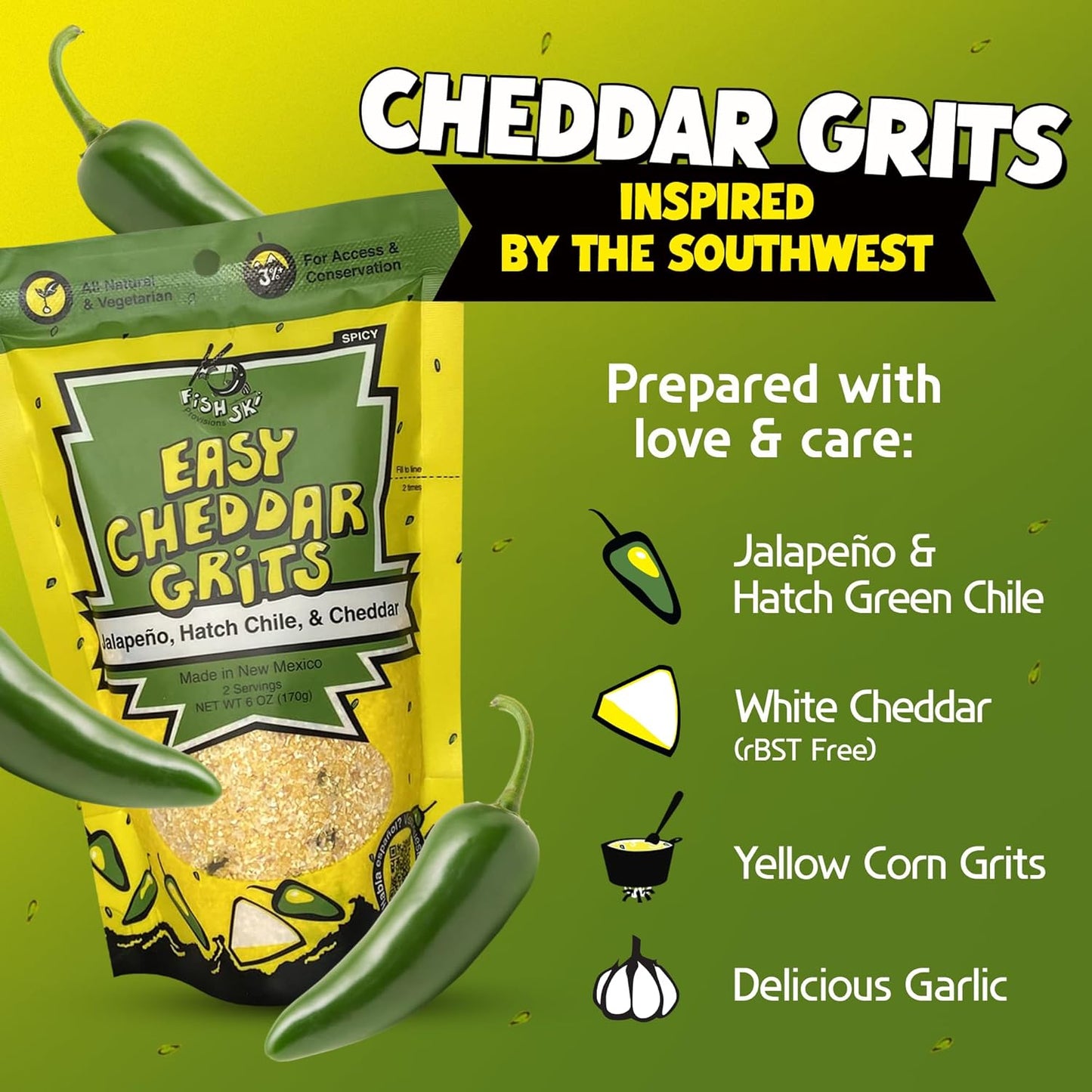 Jalapeno Yellow Corn Grits with Cheddar Cheese + Hatch Green Chile + Garlic, by Fishski Provisions, 6 Oz Bags, 2 Pack
