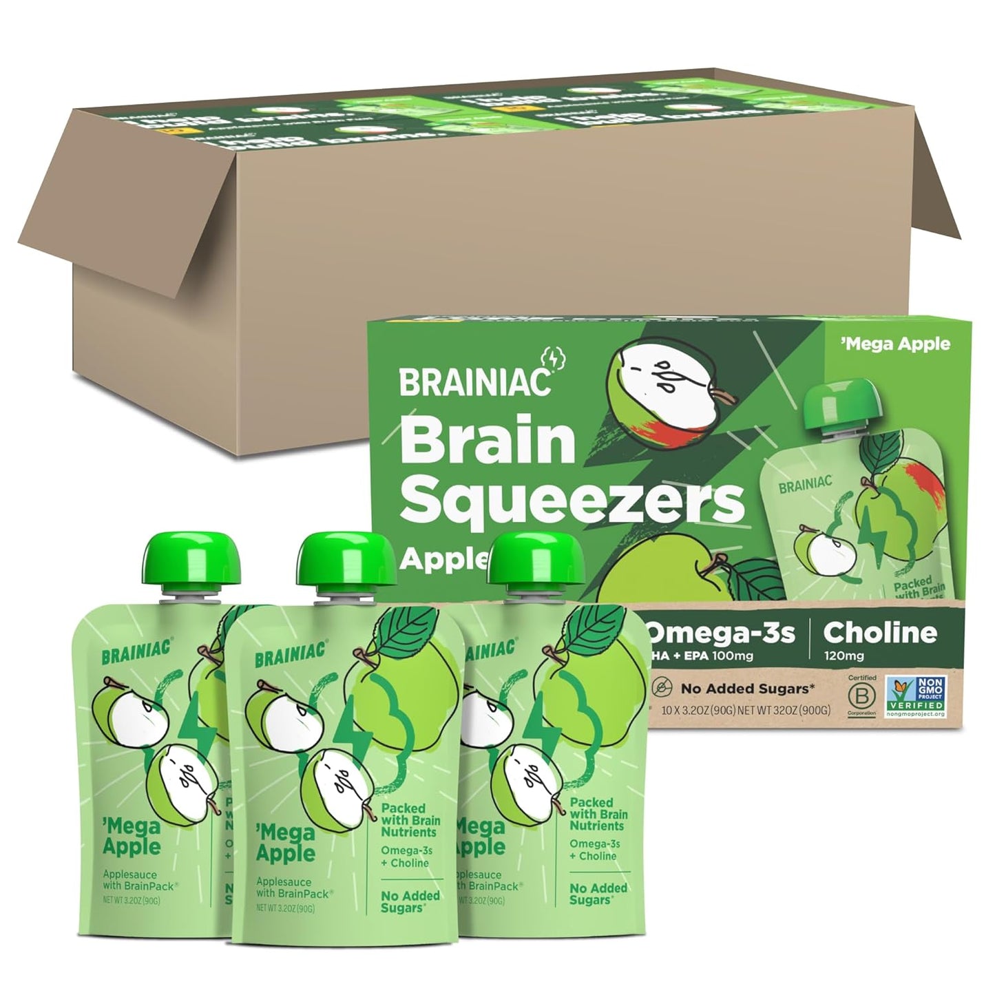 Brainiac Applesauce Variety Pack Pouches, Apple, Apple-Cinnamon & Apple-Strawberry Flavors, Unsweetened Applesauce with Vitamin C, Omega-3S & Choline, 40 Count, 3.2 Oz.