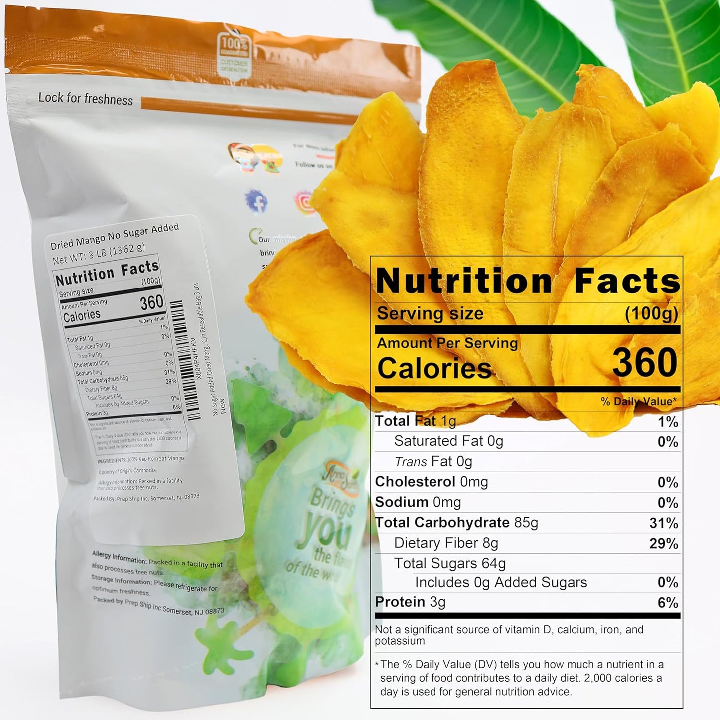 No Sugar Added Dried Mango Slices - 48 Oz Delicious Texture Soft & Juicy No Sugar Added Dried Mango - Naturally Ripened Mangos Dried Fruits - Gluten Free Kosher Non GMO Natural Source of Vitamin C,In Resealable Bag,3 Lbs - Big Mart USA