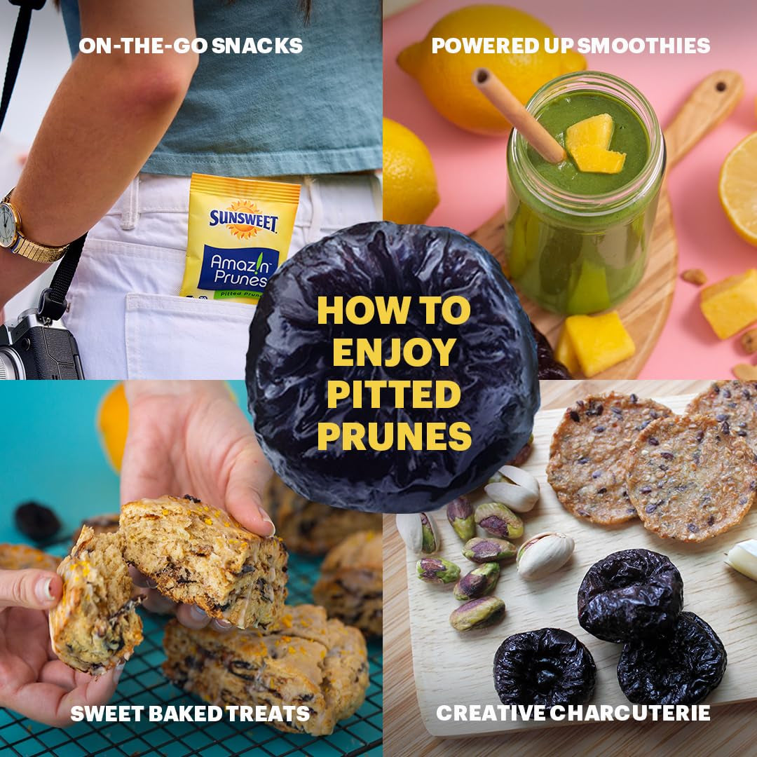 Sunsweet Amazin' Pitted Prunes - Dried Prunes Pitted Unsweetened - Gluten Free, Vegan, Low Fat - Fiber & Minerals - 8 Oz Pouches X 3 Pack - Big Mart USA