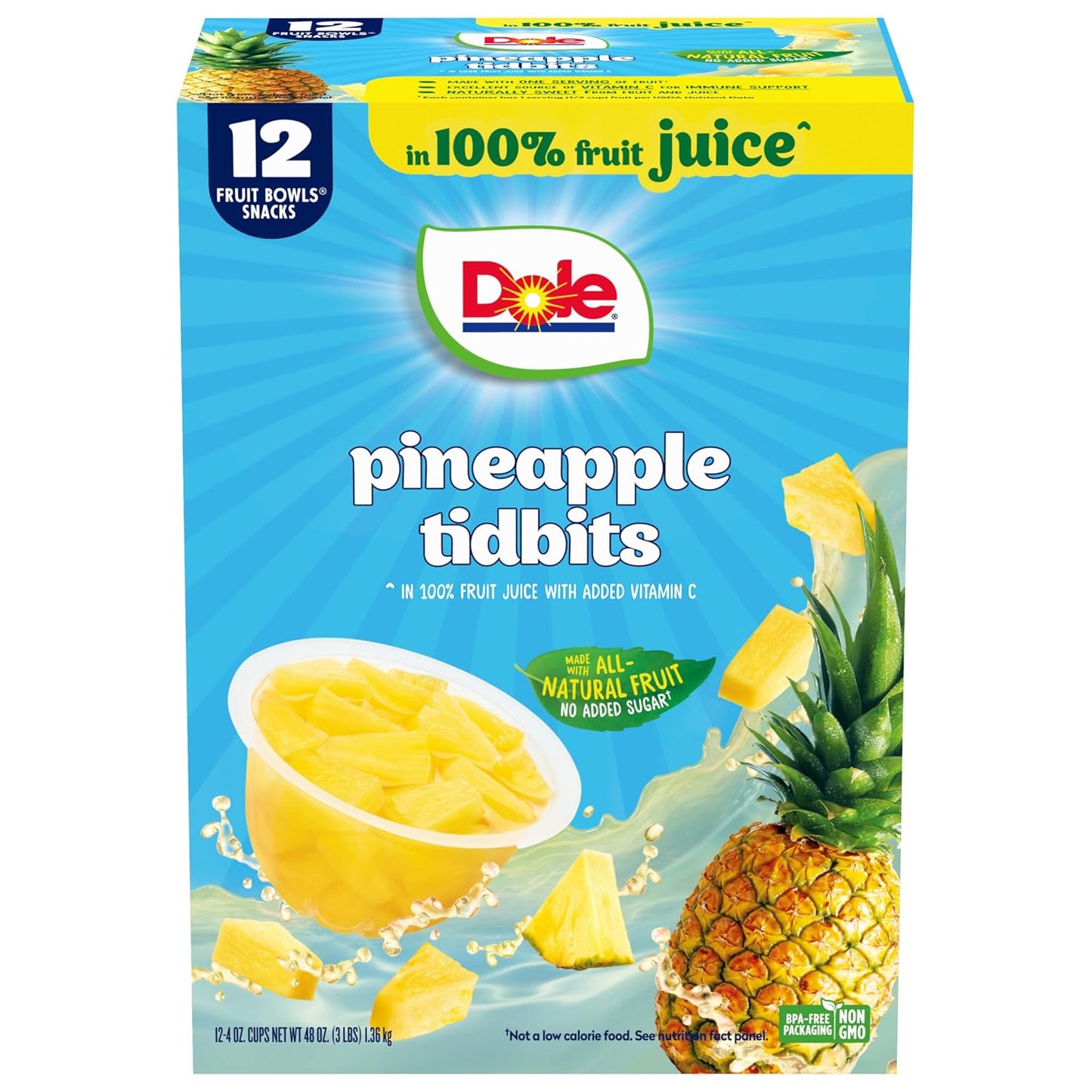 Dole Pineapple Tidbits with No Sugar Added - Dole Fruit Bowls Snacks - 4 Oz Fruit Bowls - 12 Pack - Big Mart USA