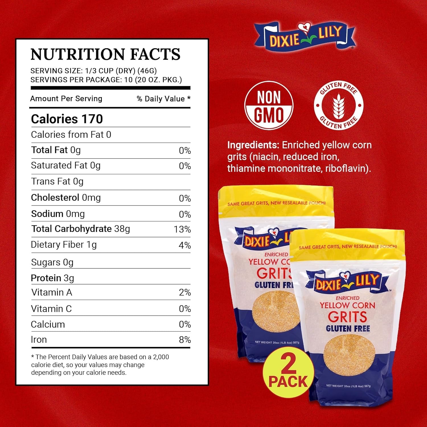 Dixie Lily Yellow Corn Grits - Quick-Cooking, Gluten-Free, Non-Gmo, Low Fat & Sodium, Essential Vitamins & Minerals, Classic Southern Flavor - 2 Pack