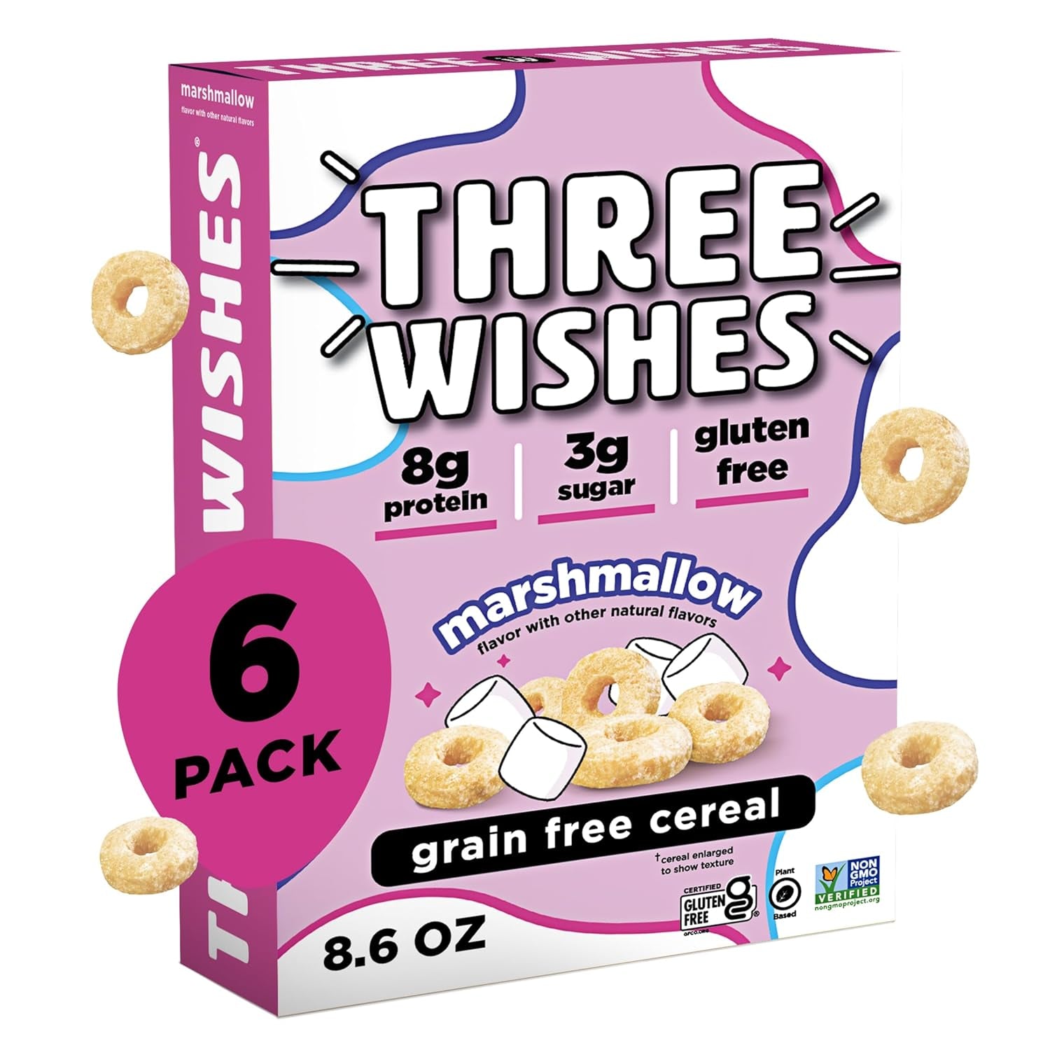 Protein and Gluten Free Breakfast Cereal by Three Wishes (6-Pack) - Marshmallow – 8G of Protein and 3G of Sugar Snack - Kosher, Grain-Free, Dairy-Free, Vegan and Peanut-Free - Non-Gmo