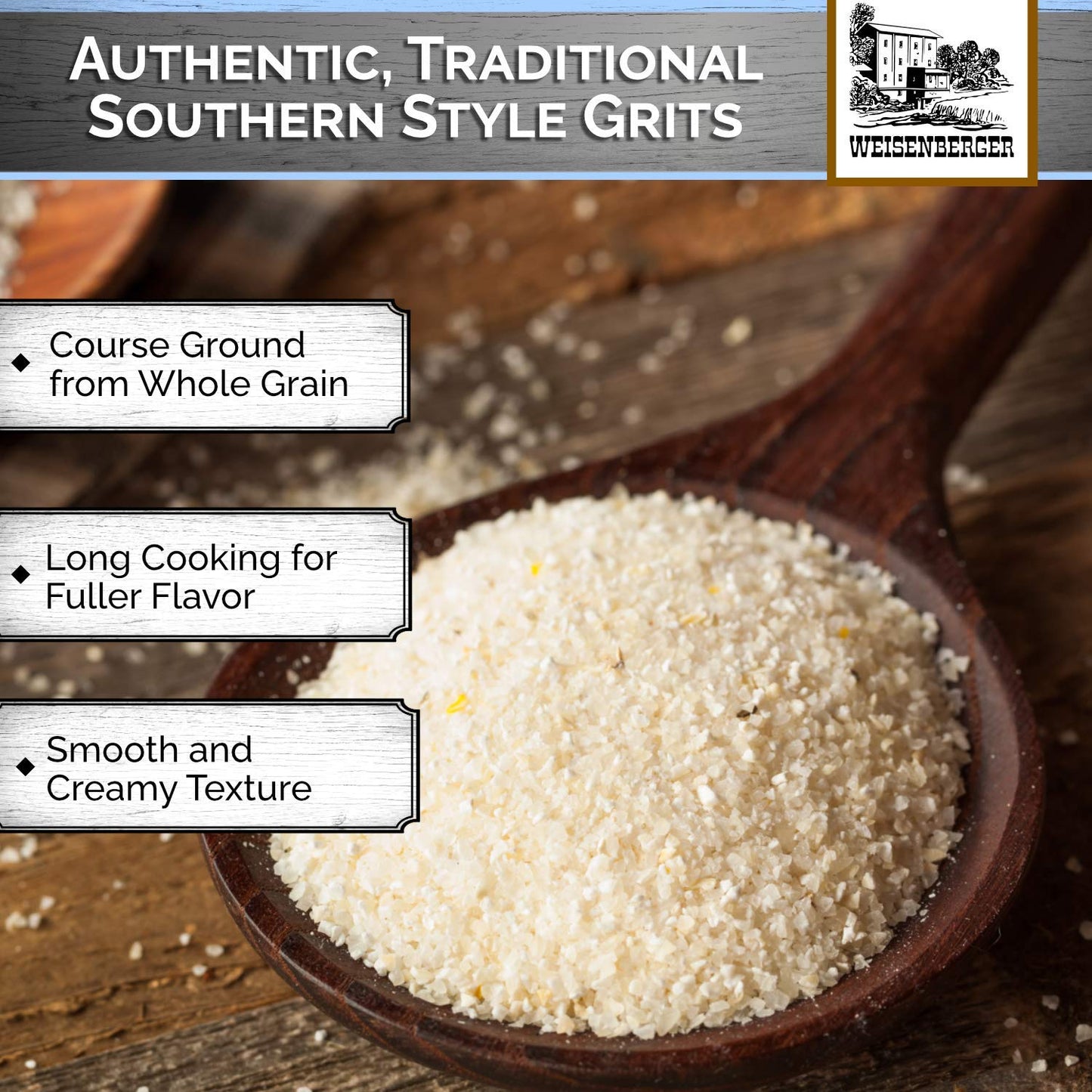 Weisenberger Stone Ground Grits, White- Authentic, Old Fashioned, Southern Style Corn Grits - Local Kentucky Proud Product - Non-Gmo, Coarse Ground - White, 2 Lb