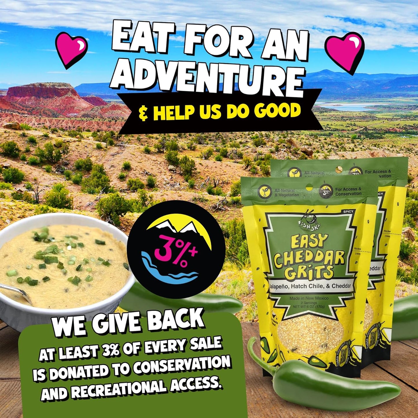Jalapeno Yellow Corn Grits with Cheddar Cheese + Hatch Green Chile + Garlic, by Fishski Provisions, 6 Oz Bags, 2 Pack