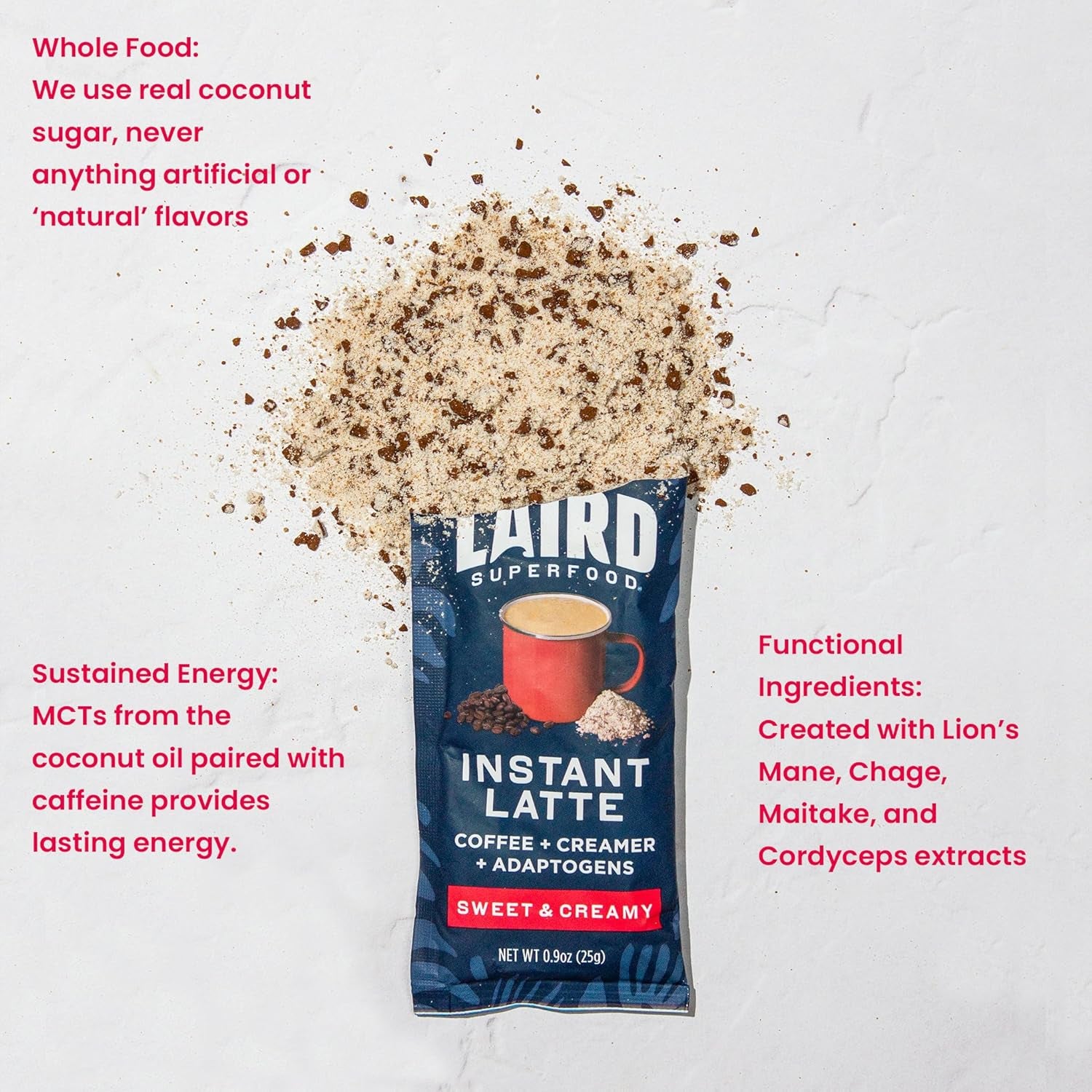 Laird Superfood Instant Latte Sweet & Creamy, Non-Dairy, Superfood Creamer, Gluten Free, Non-Gmo, Vegan, 15Pk Sachets