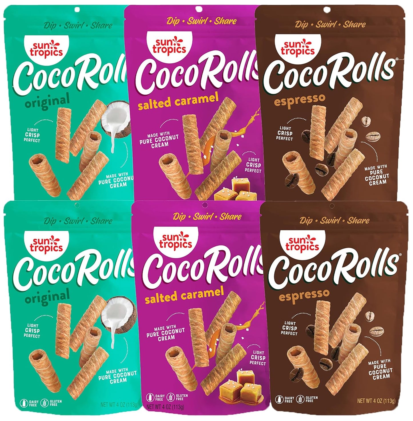 Sun Tropics Cocorolls Variety Pack- 6 Count (4 Oz Each) | Crisp Rolled Wafer Cookies, Coconut Rolls Made with Pure Coconut Cream | Gluten Free & Dairy Free Coconut Wafer Snack - Big Mart USA