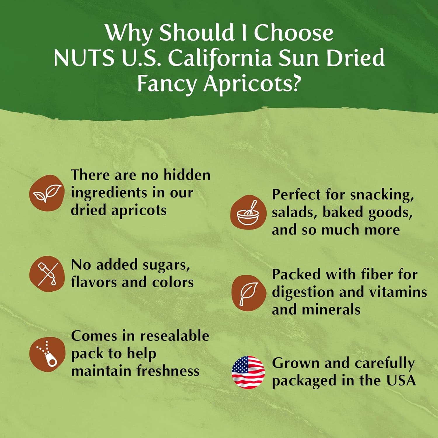NUTS U.S. - California Sun Dried Fancy Apricots | Juicy and Tangy Flavor | No Sugar or Color Added | Gluten Free and NON-GMO | Apricots in Resealable Bags (2 LBS)