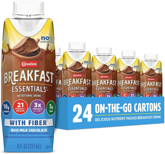 Carnation Breakfast Essentials Ready to Drink with Fiber, Rich Milk Chocolate, 8 FL OZ Carton (Pack of 24)
