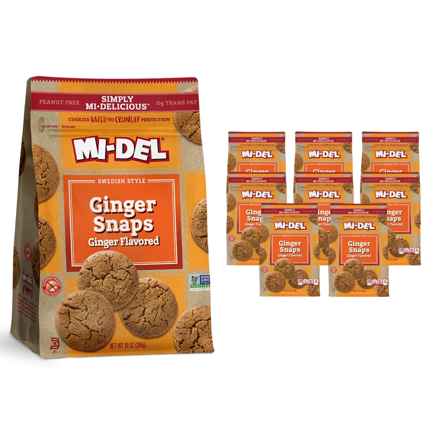 Mi-Del Ginger Snaps - Crunchy Ginger Cookies Made with Real Ginger - Swedish Ginger Snaps Cookies Old Fashioned - Non-Gmo Certified, 0G Trans Fat, Healthy Cookies (Pack of 8)