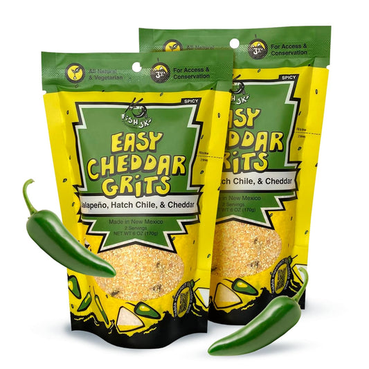 Jalapeno Yellow Corn Grits with Cheddar Cheese + Hatch Green Chile + Garlic, by Fishski Provisions, 6 Oz Bags, 2 Pack