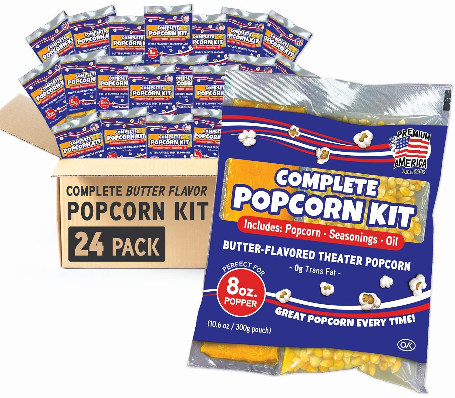 Premium America Popcorn Kit, 24 Packs for a 8 Oz Popper, Movie Theater Popcorn Kernels, Oil & Seasoning Pack, Bulk All in One, Popcorn Gifts