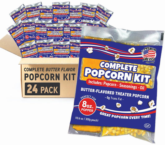 Premium America Popcorn Kit, 24 Packs for a 8 Oz Popper, Movie Theater Popcorn Kernels, Oil & Seasoning Pack, Bulk All in One, Popcorn Gifts