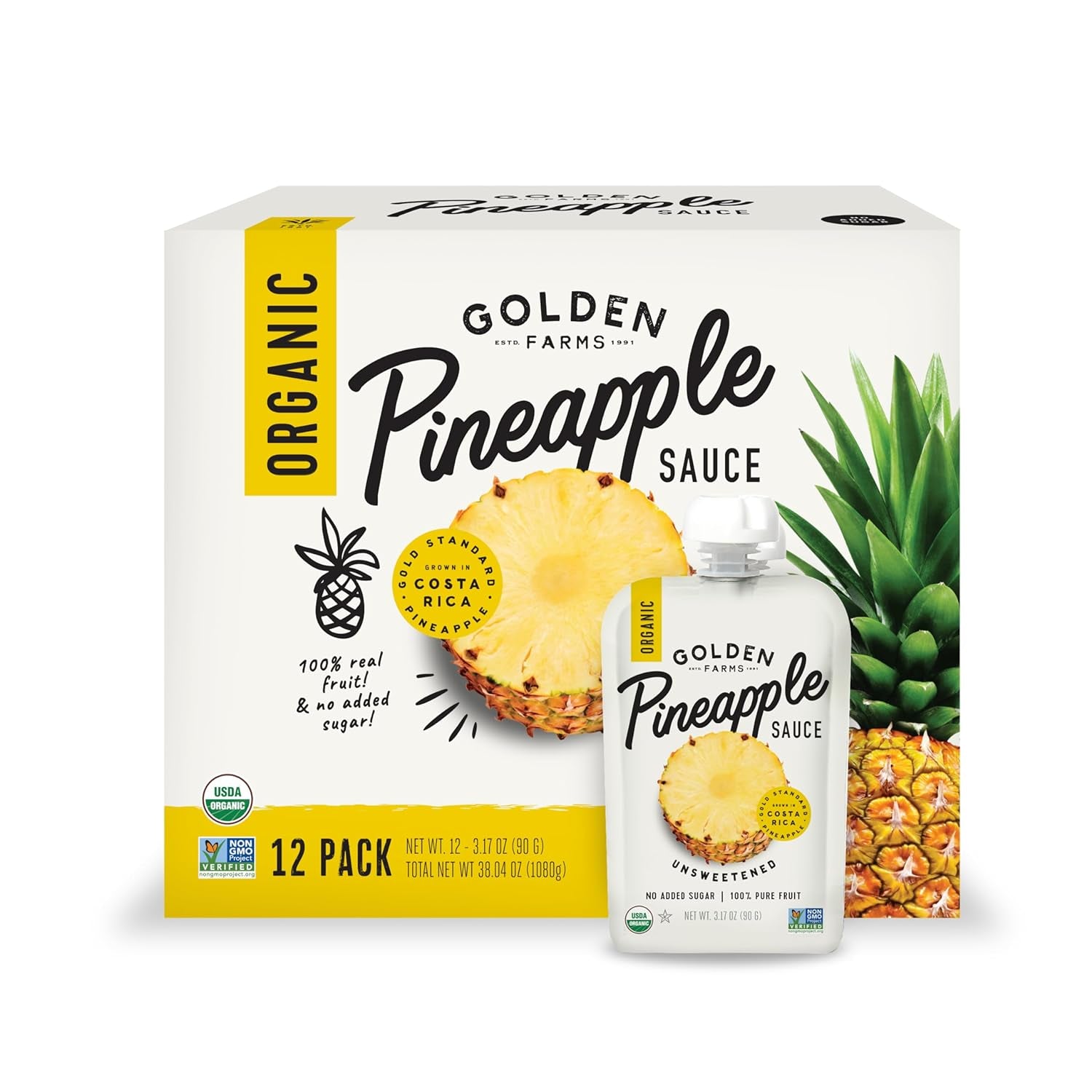 Golden Farms Pineapple Pouches, Single Ingredient Healthy Snacks (Pack of 12), 100% Pure Fruit, No Added Sugar, Vegan, Gluten-Free, Kosher, Organic Squeeze Pouch 3.17Oz Each