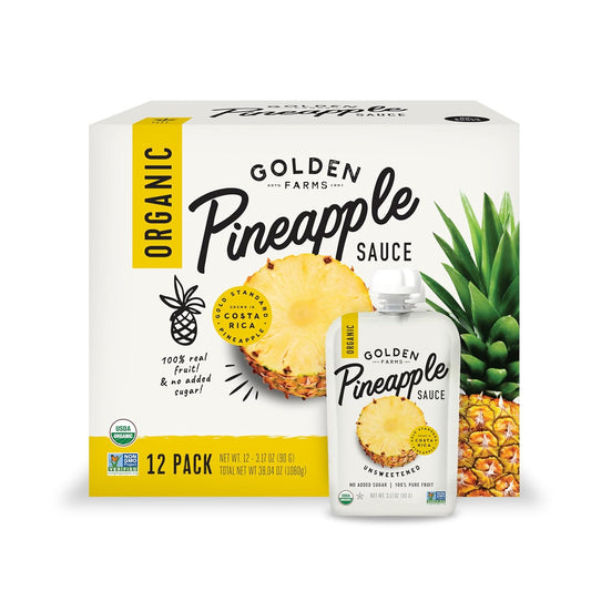 Golden Farms Pineapple Pouches, Single Ingredient Healthy Snacks (Pack of 12), 100% Pure Fruit, No Added Sugar, Vegan, Gluten-Free, Kosher, Organic Squeeze Pouch 3.17Oz Each