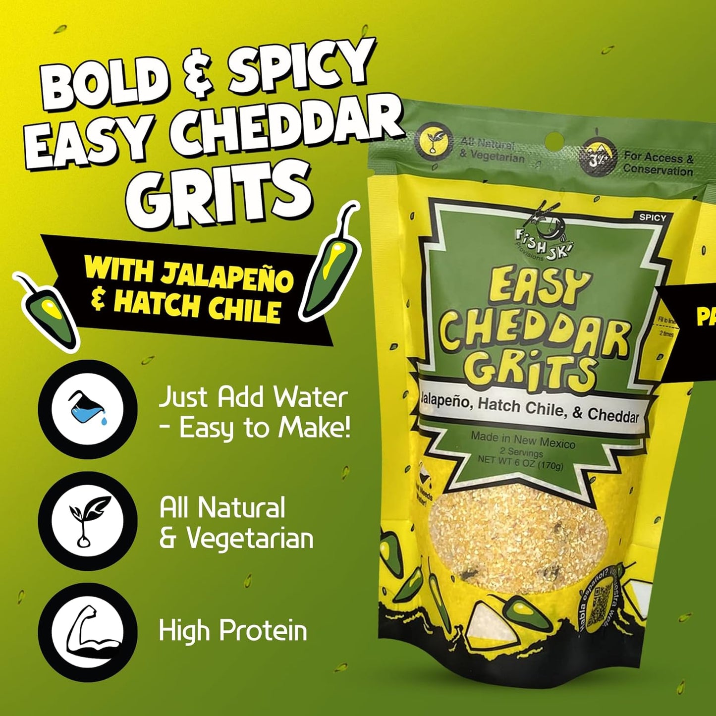 Jalapeno Yellow Corn Grits with Cheddar Cheese + Hatch Green Chile + Garlic, by Fishski Provisions, 6 Oz Bags, 2 Pack