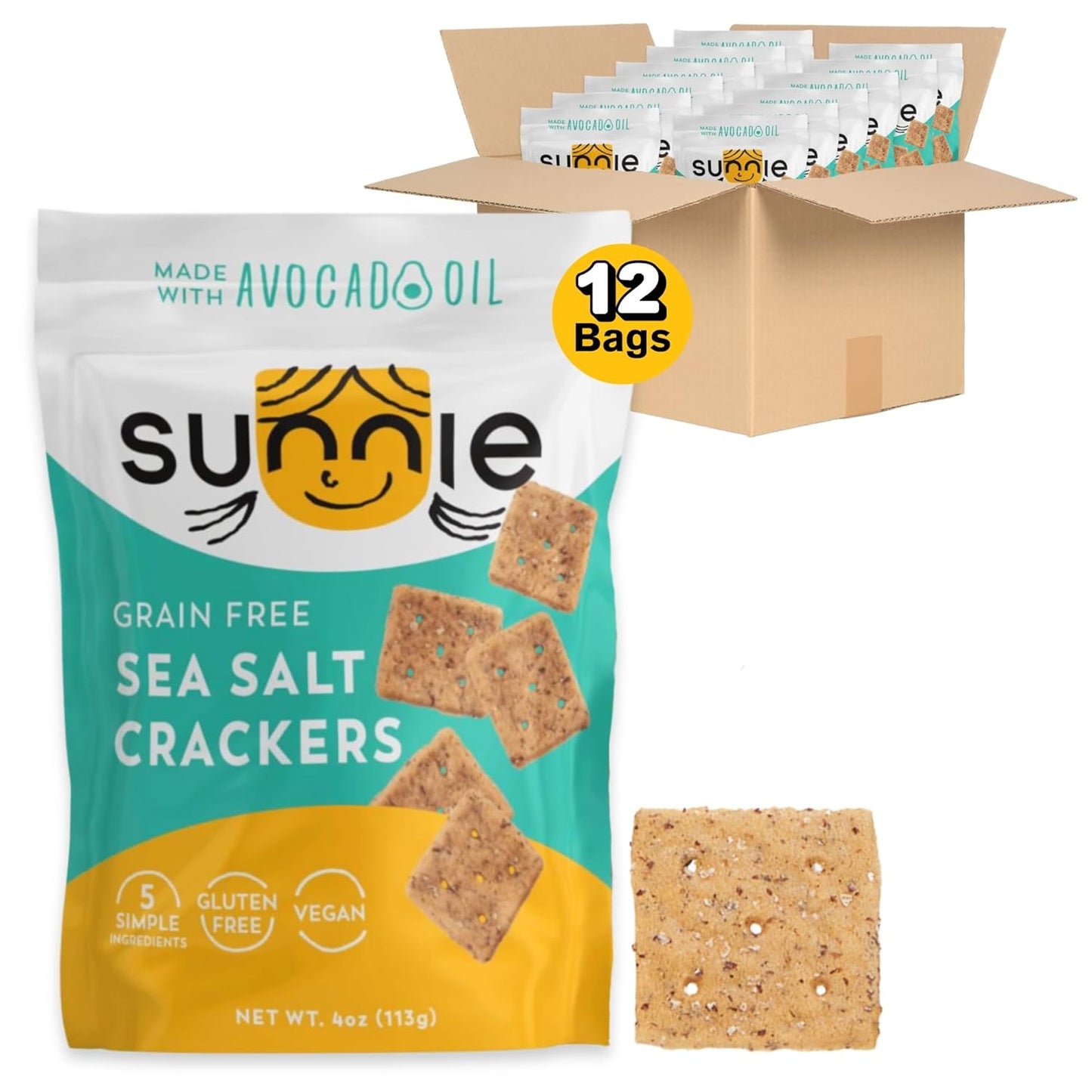 Sunnie Gluten Free Crackers - Healthy Grain Free Sea Salt Crackers, Snacks for Kids & Adults, Made with Avocado Oil, Only 5 Ingredients, Vegan Snack, Low Calorie (3 Oz - Pack of 3)