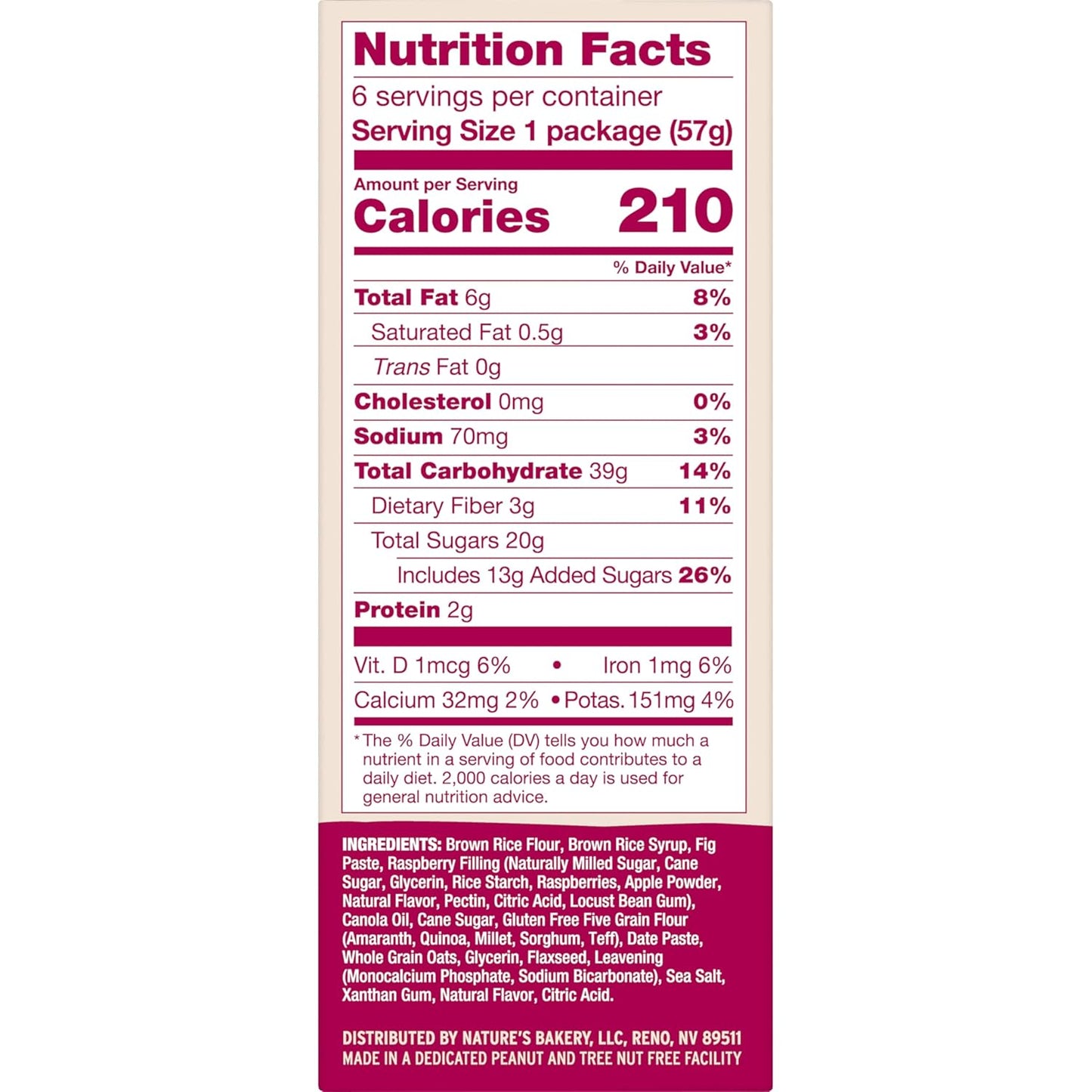 Nature’S Bakery Gluten Free Fig Bars, Raspberry, Real Fruit, Vegan, Non-Gmo, Snack Bar, 6 Boxes with 6 Twin Packs (36 Twin Packs) - Big Mart USA