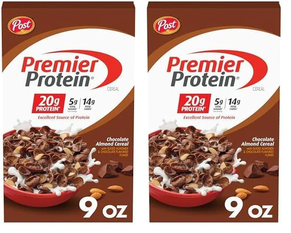 Post Premier Protein Chocolate Almond Cereal - Chocolatey Protein Flakes with Sliced Almonds, 20G of Protein per Serving, 9 OZ Box - Big Mart USA