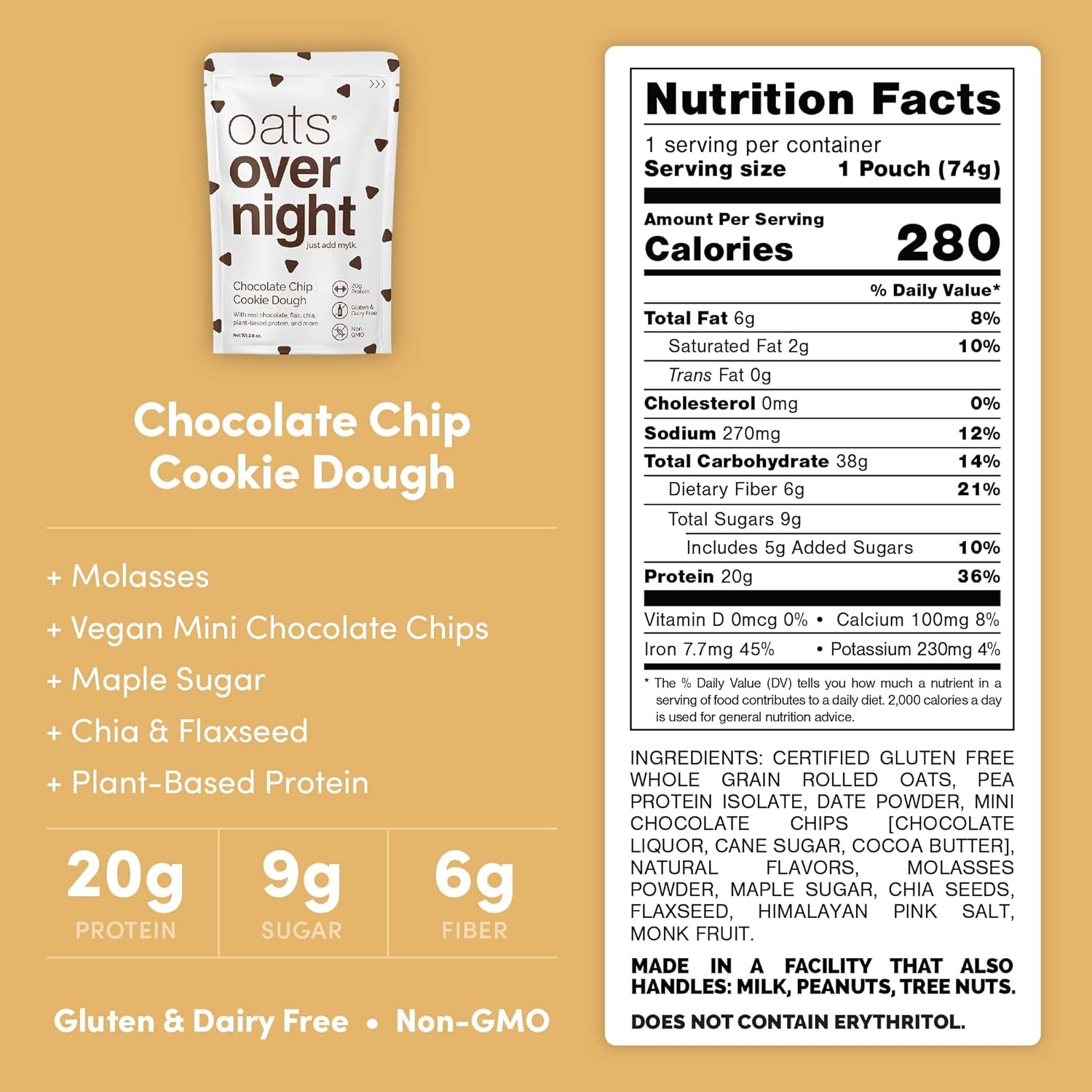 Oats Overnight - Chocolate Chip Cookie Dough - Vegan, 20G Protein, High Fiber Breakfast Shake - Gluten Free, Non GMO Oatmeal (2.6 Oz per Meal) (8 Pack) - Big Mart USA
