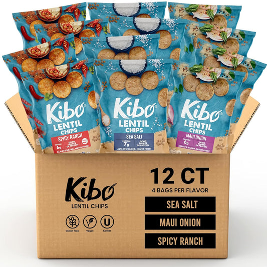 Kibo Lentil Chips Variety Pack - Gluten-Free, Vegan, Non-Gmo, Plant-Based - Maui Onion, Sea Salt, Spicy Ranch, Made with Real Veggies - 28G, 12 Pack - Big Mart USA