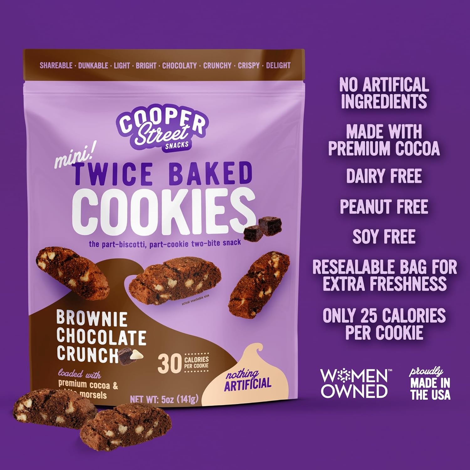 Cooper Street Twice Baked Brownie Chocolate Biscotti Cookies - Light and Crispy Coffee Cookie Bites - Traditional Low Calorie Italian Snacks for Adults & Kids - Kosher, Dairy, Peanut & Soy Free - 5Oz