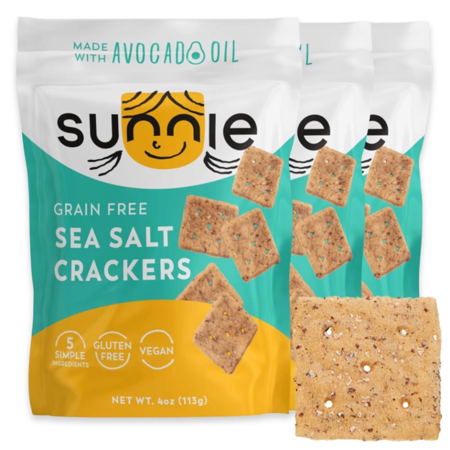 Sunnie Gluten Free Crackers - Healthy Grain Free Sea Salt Crackers, Snacks for Kids & Adults, Made with Avocado Oil, Only 5 Ingredients, Vegan Snack, Low Calorie (3 Oz - Pack of 3)