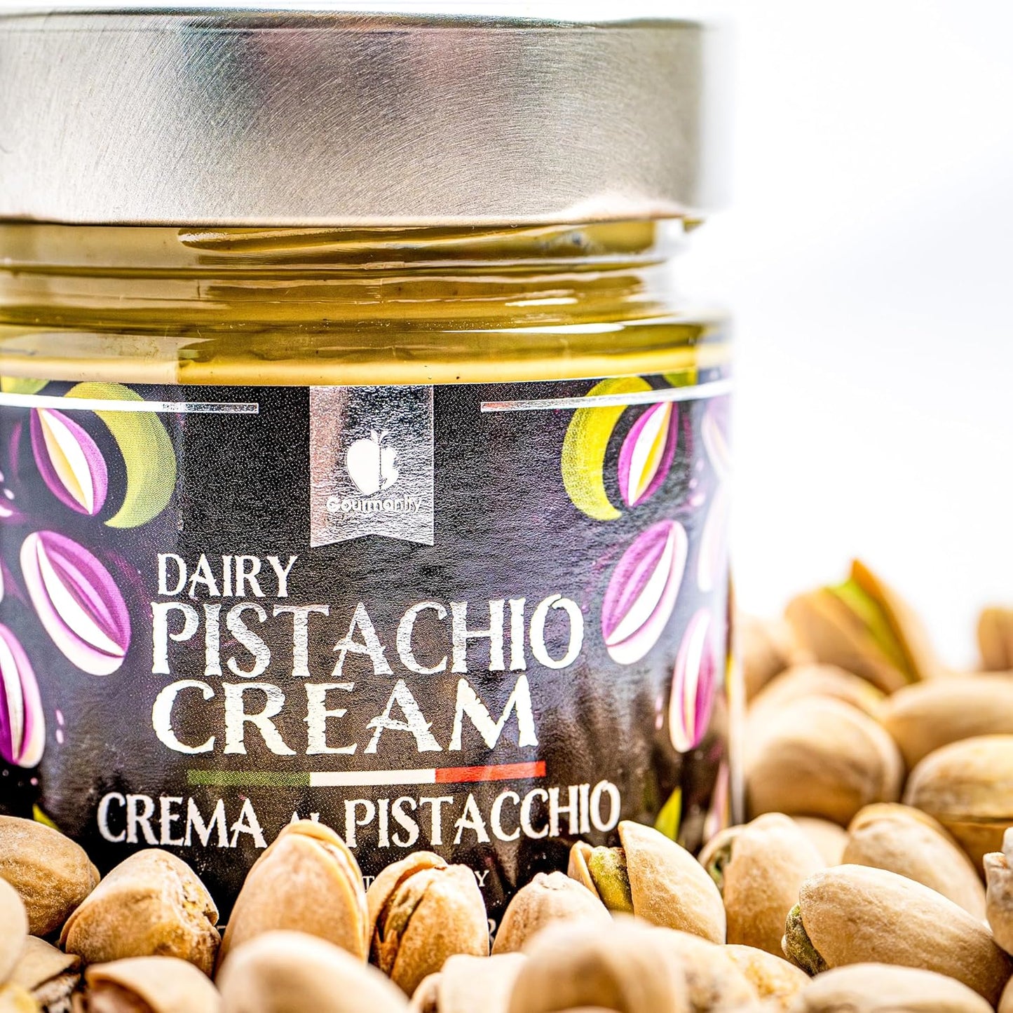 Gourmanity Dairy Pistachio Cream Spread, Perfect for Dubai Chocolate Bar, Luxury Pistachio Butter Cream for Sweet and Savory Dishes, Ideal for Italian Recipes, 8.5 Oz Jar