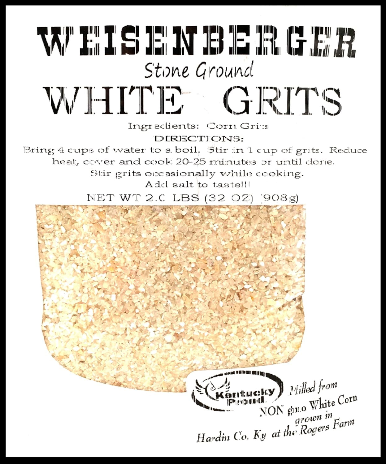 Weisenberger Stone Ground Grits, White- Authentic, Old Fashioned, Southern Style Corn Grits - Local Kentucky Proud Product - Non-Gmo, Coarse Ground - White, 2 Lb