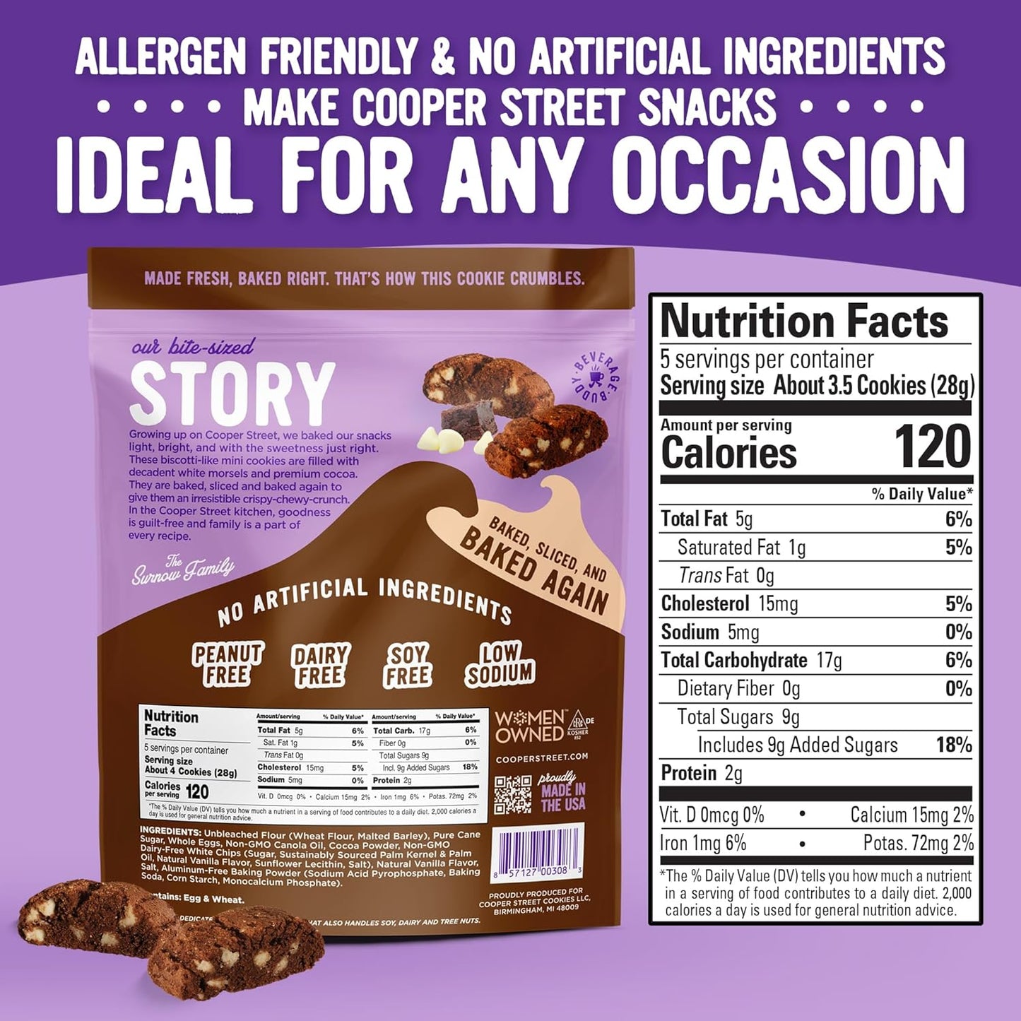 Cooper Street Twice Baked Brownie Chocolate Biscotti Cookies - Light and Crispy Coffee Cookie Bites - Traditional Low Calorie Italian Snacks for Adults & Kids - Kosher, Dairy, Peanut & Soy Free - 5Oz