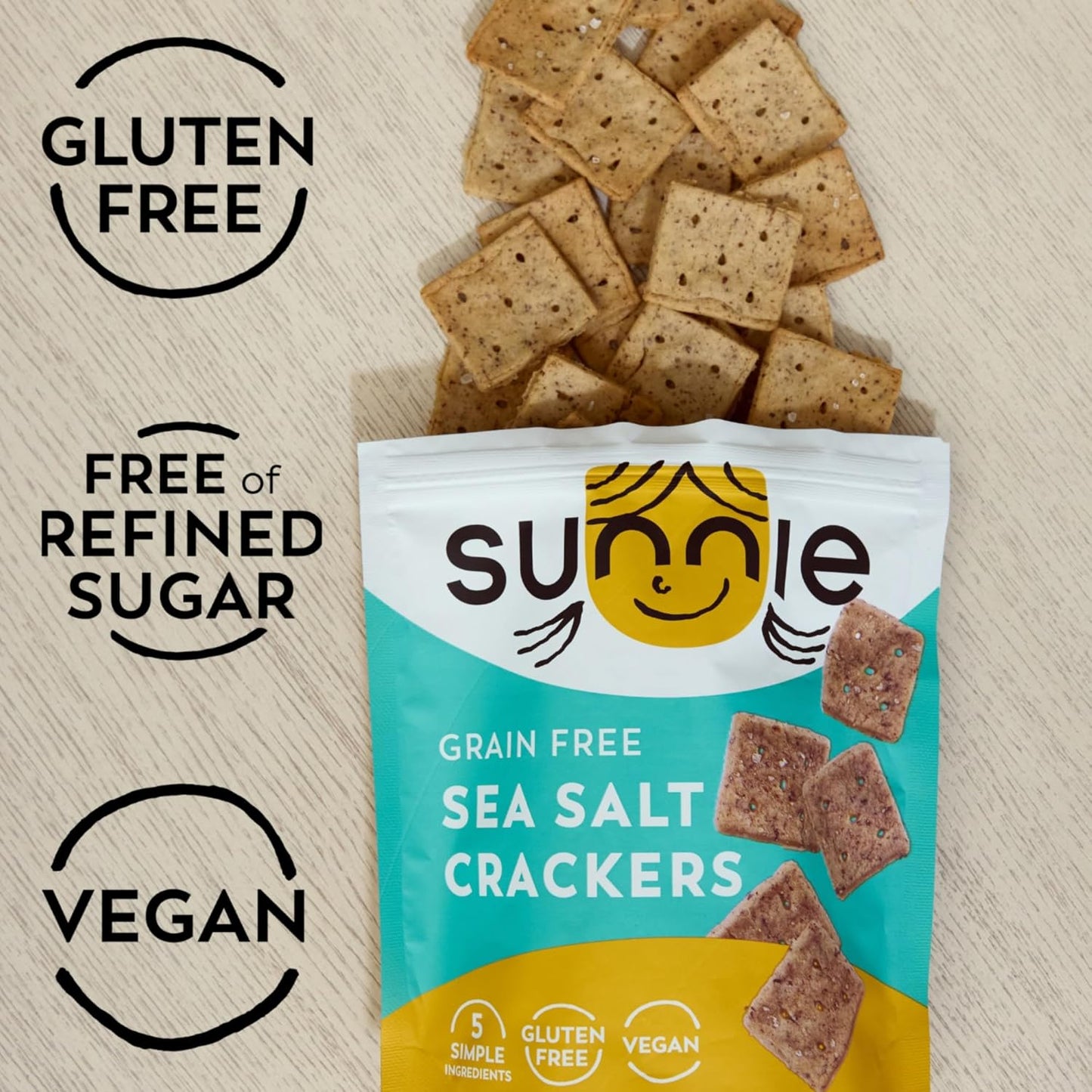 Sunnie Gluten Free Crackers - Healthy Grain Free Sea Salt Crackers, Snacks for Kids & Adults, Made with Avocado Oil, Only 5 Ingredients, Vegan Snack, Low Calorie (3 Oz - Pack of 3)