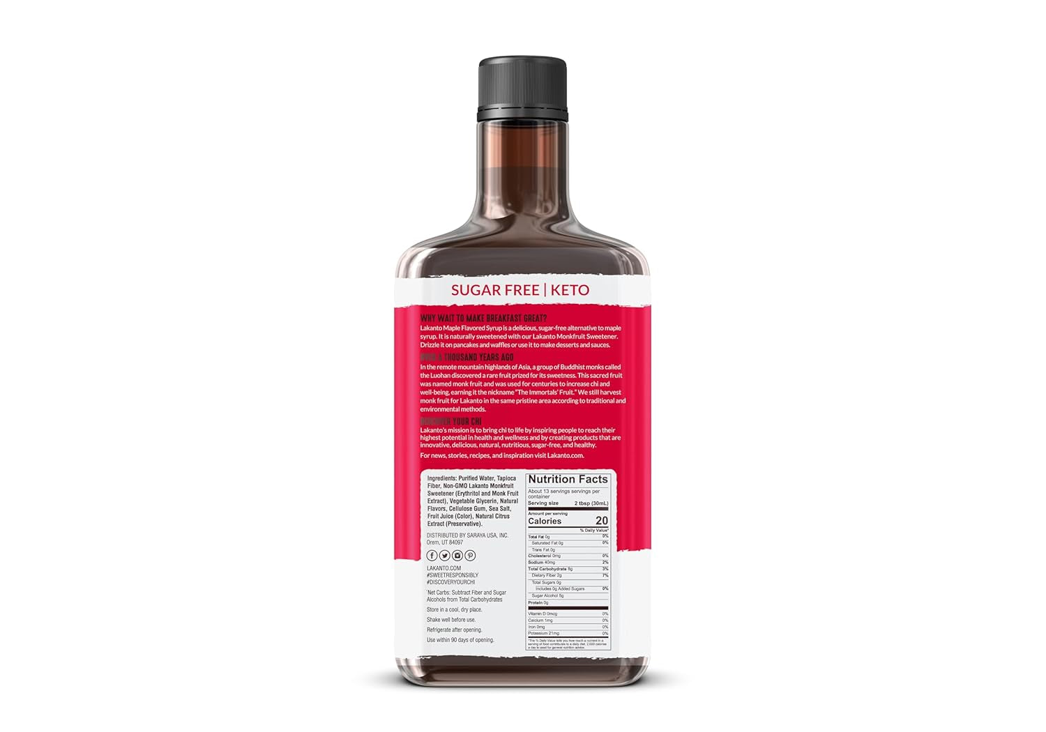 Lakanto Sugar Free Maple Syrup with Monk Fruit & Erythritol for Pancakes, Waffles, Oatmeal, Coffee, Tea, Granola, Frosting & Dressing, Zero Sugar, Keto, Vegan, Gluten Free, 1 G Net Carbs, 13 Fl Oz