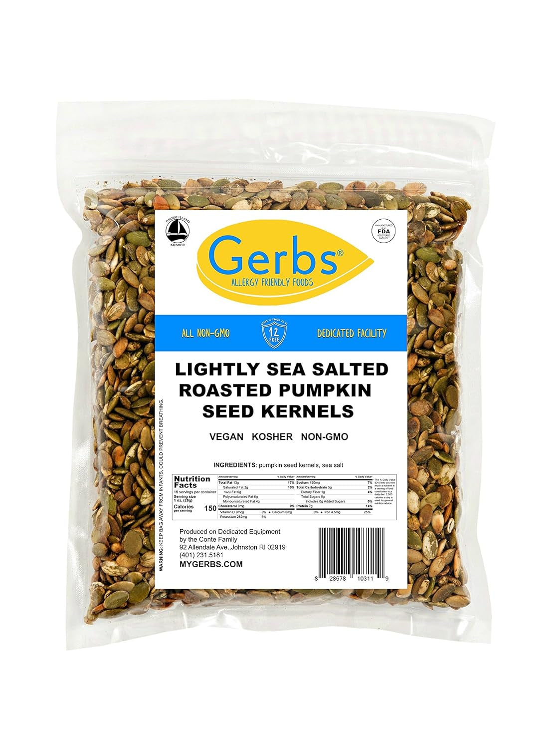 Gerbs Lightly Sea Salted Pumpkin Seed Kernels 1 Lb. | Small Batch Roasted, No Additives, Resealable Bag | Crunchy & Savory | Top 14 Allergen-Free