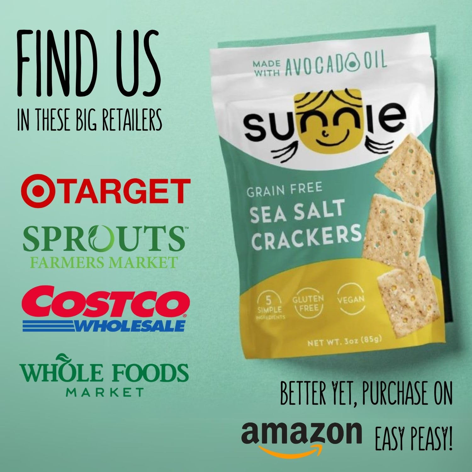 Sunnie Gluten Free Crackers - Healthy Grain Free Sea Salt Crackers, Snacks for Kids & Adults, Made with Avocado Oil, Only 5 Ingredients, Vegan Snack, Low Calorie (3 Oz - Pack of 3)