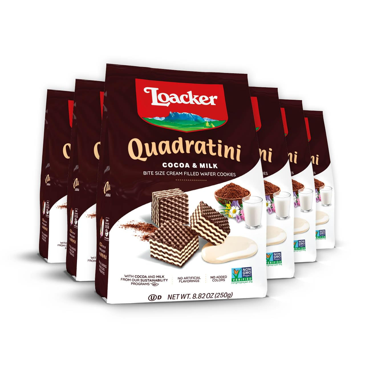 Loacker Quadratini Dark Chocolate Wafer Cookies LARGE - 30% Less Sugar - Premium Crispy Bite Size Wafers - NON-GMO - LARGE Pack of 6