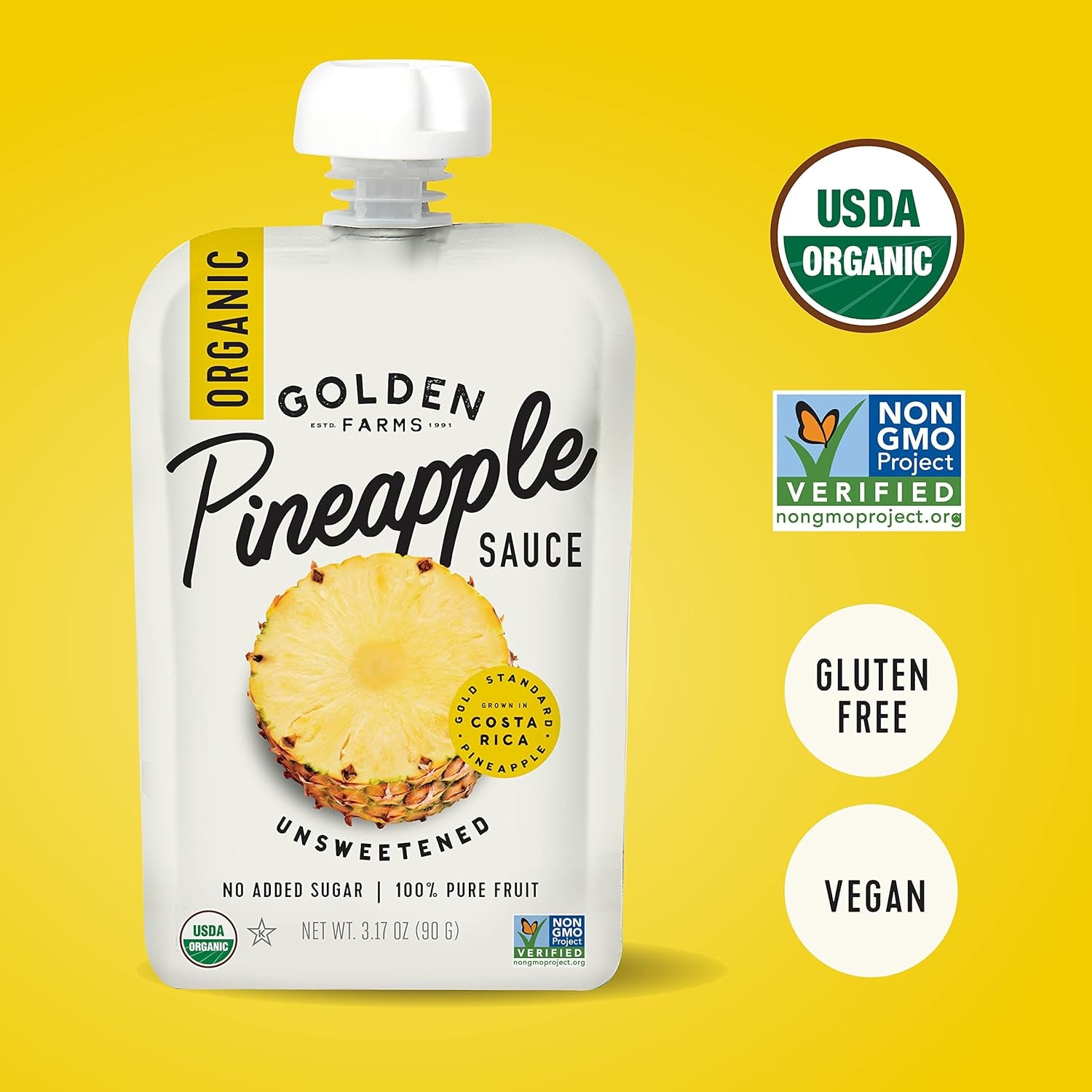 Golden Farms Pineapple Pouches, Single Ingredient Healthy Snacks (Pack of 12), 100% Pure Fruit, No Added Sugar, Vegan, Gluten-Free, Kosher, Organic Squeeze Pouch 3.17Oz Each