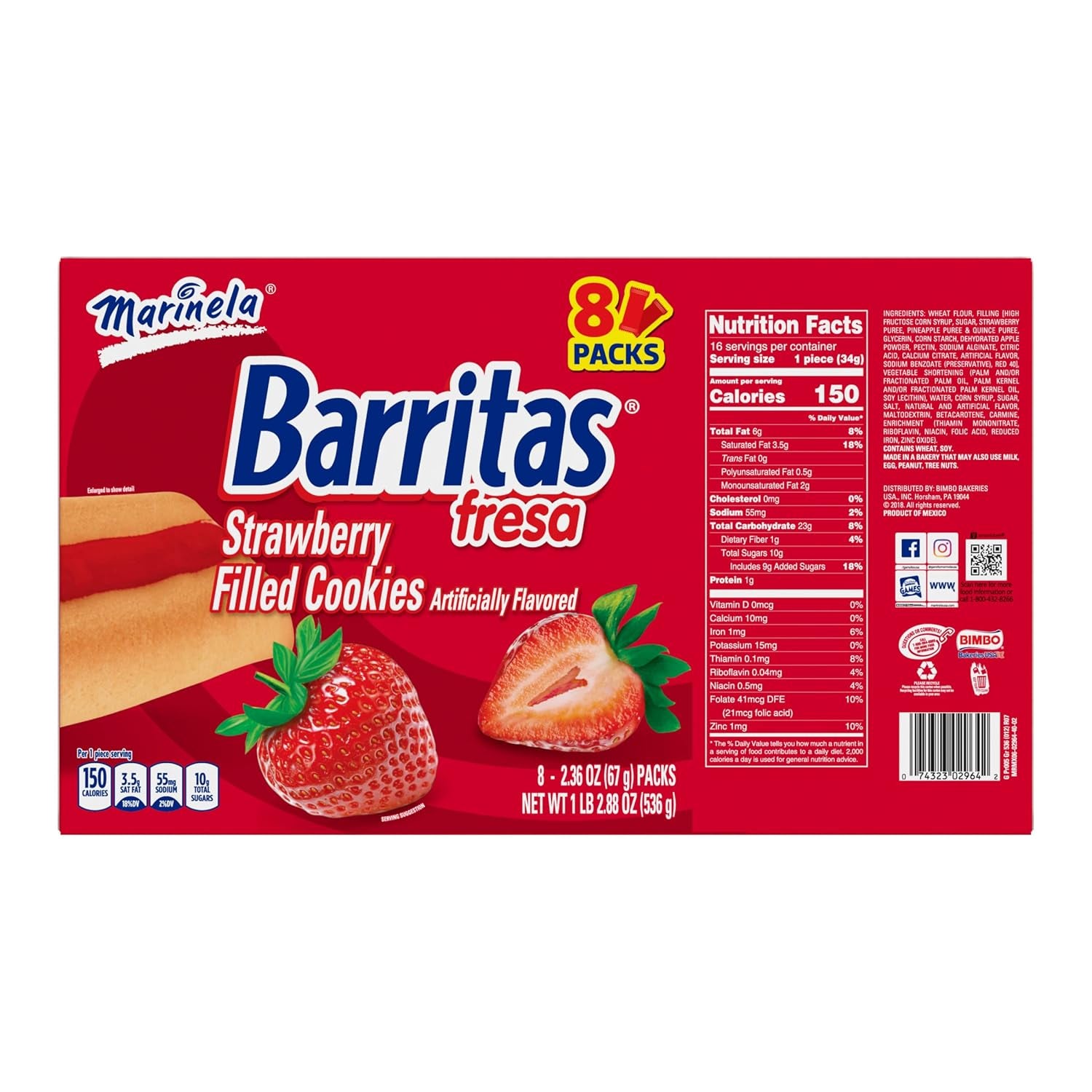 Marinela Barritas Fresa Strawberry Soft Filled Cookie Bar 1 Pack (8 Count) - Big Mart USA