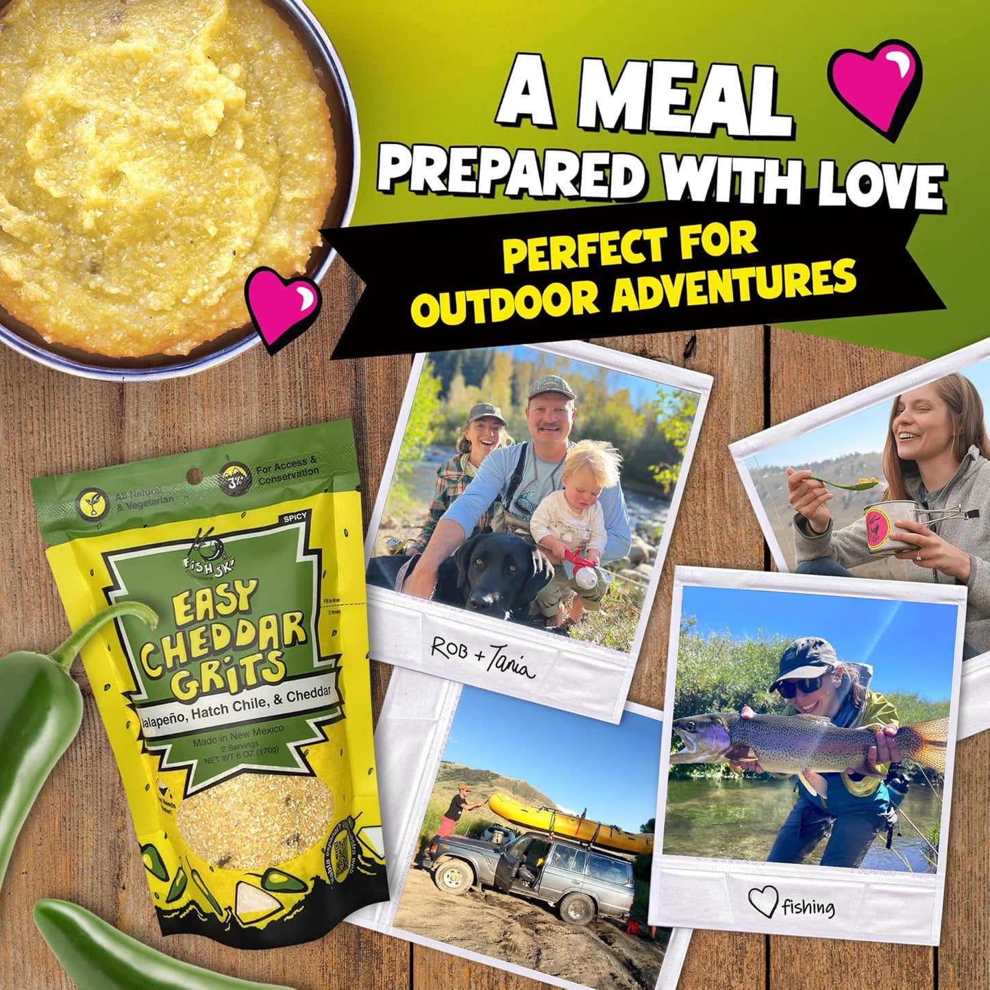 Jalapeno Yellow Corn Grits with Cheddar Cheese + Hatch Green Chile + Garlic, by Fishski Provisions, 6 Oz Bags, 2 Pack