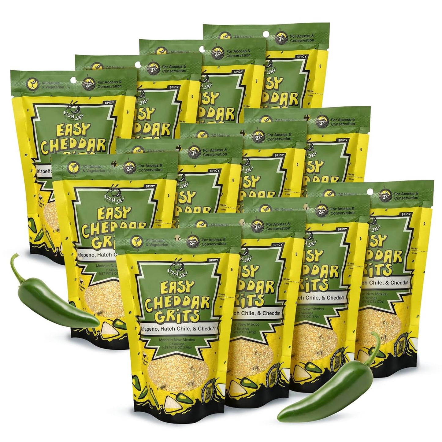 Jalapeno Yellow Corn Grits with Cheddar Cheese + Hatch Green Chile + Garlic, by Fishski Provisions, 6 Oz Bags, 2 Pack