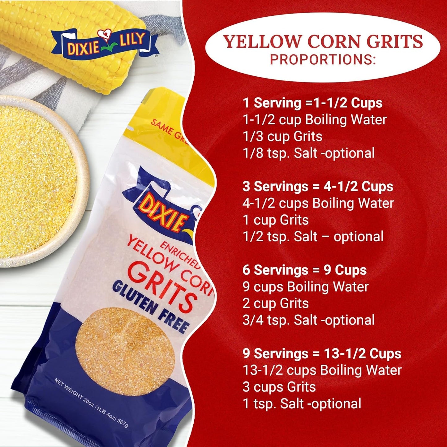 Dixie Lily Yellow Corn Grits - Quick-Cooking, Gluten-Free, Non-Gmo, Low Fat & Sodium, Essential Vitamins & Minerals, Classic Southern Flavor - 2 Pack