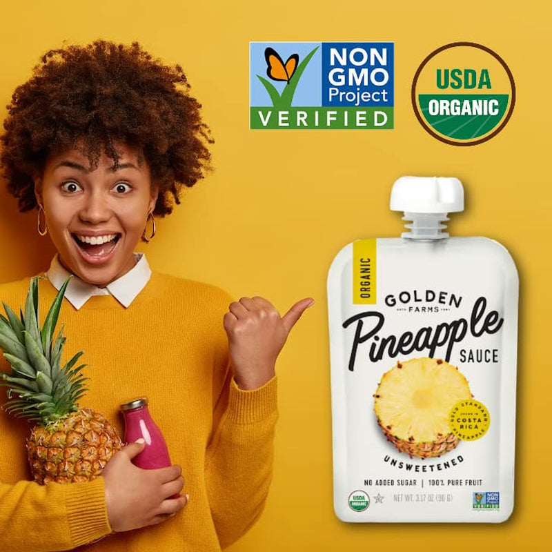 Golden Farms Pineapple Pouches, Single Ingredient Healthy Snacks (Pack of 12), 100% Pure Fruit, No Added Sugar, Vegan, Gluten-Free, Kosher, Organic Squeeze Pouch 3.17Oz Each