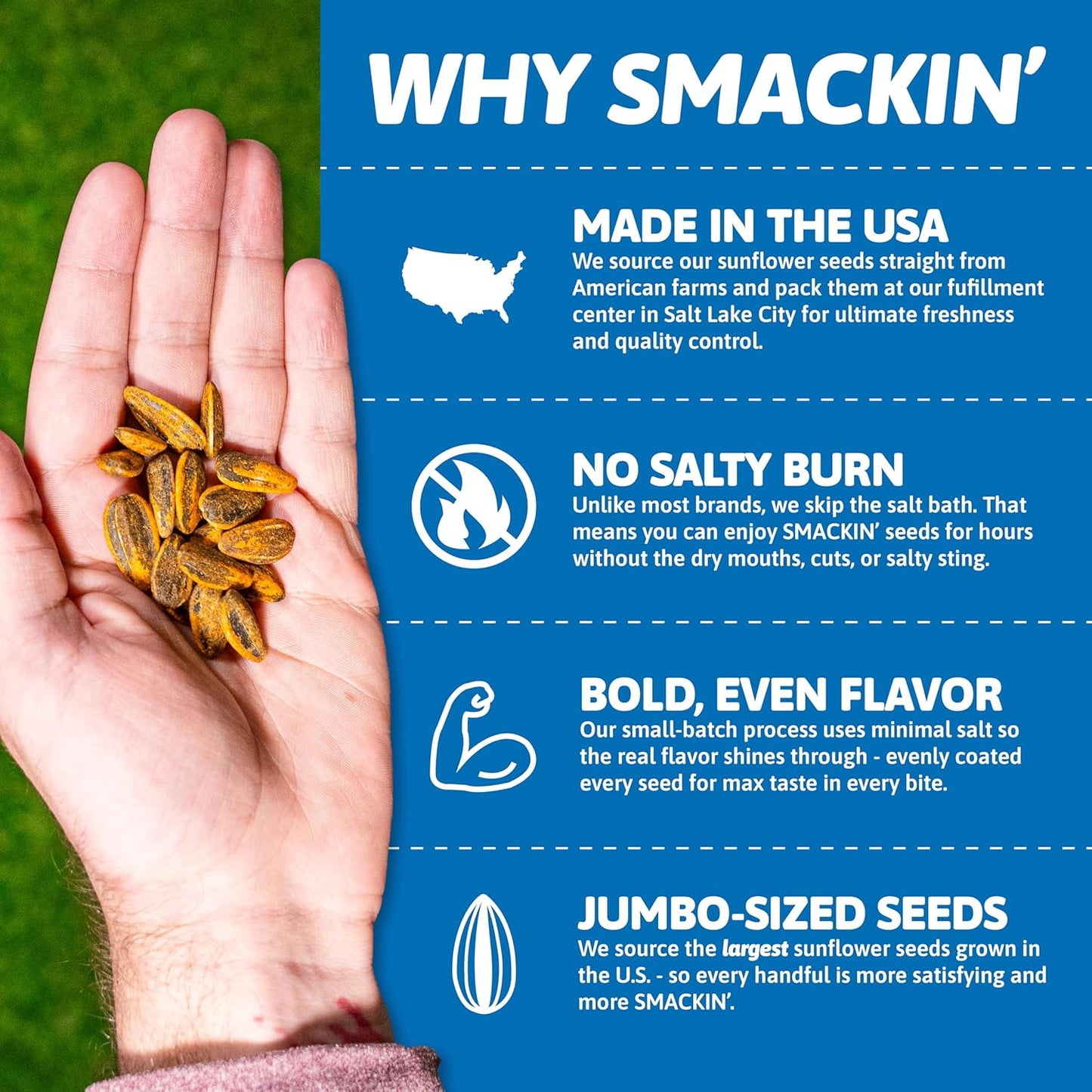 SMACKIN' - Jumbo Roasted Sunflower Seeds, No Salty Burn, American Made, Easy Pour & Seal - Variety Pack, 4Oz Bag (12 Bags)