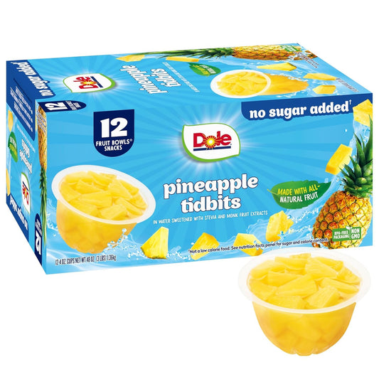Dole Pineapple Tidbits with No Sugar Added - Dole Fruit Bowls Snacks - 4 Oz Fruit Bowls - 12 Pack - Big Mart USA
