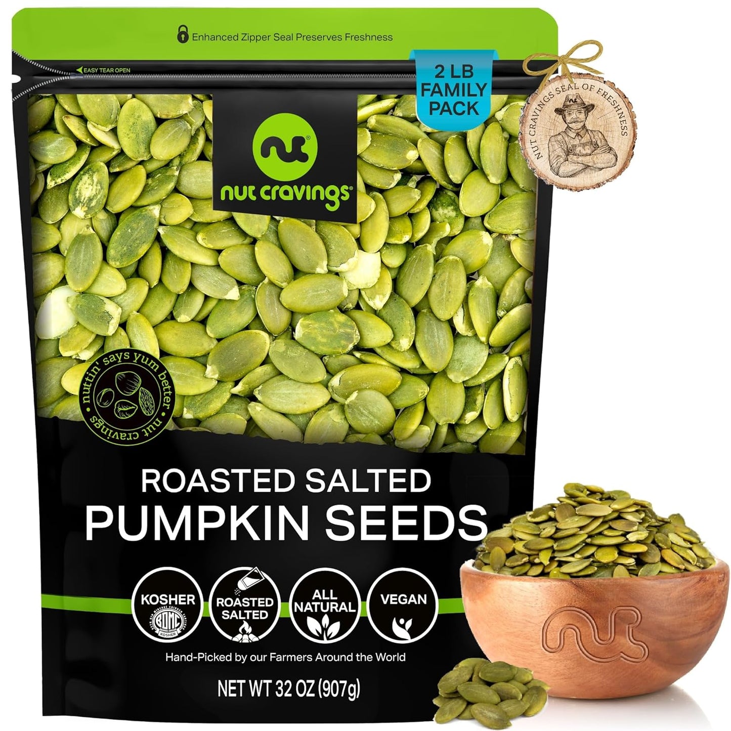 NUT CRAVINGS - Roasted & Unsalted Pumpkin Seeds, Pepitas, No Shell (16Oz - 1 LB) Packed Fresh in Resealable Bag - Nut Snack - Healthy Protein Food, All Natural, Keto Friendly, Vegan, Kosher - Big Mart USA